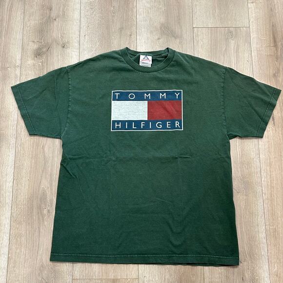 Vintage Tommy Hilfiger Flag Logo Green Tee T Shirt Size XL B2 - Picture 1 of 4
